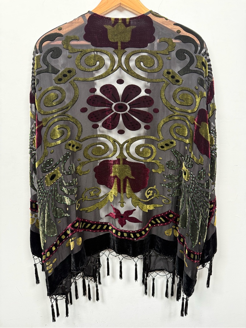 Gorgeous Velvet Burnout Floral Fringe Kimono Silk Blend Cardigan Black Gold 2X